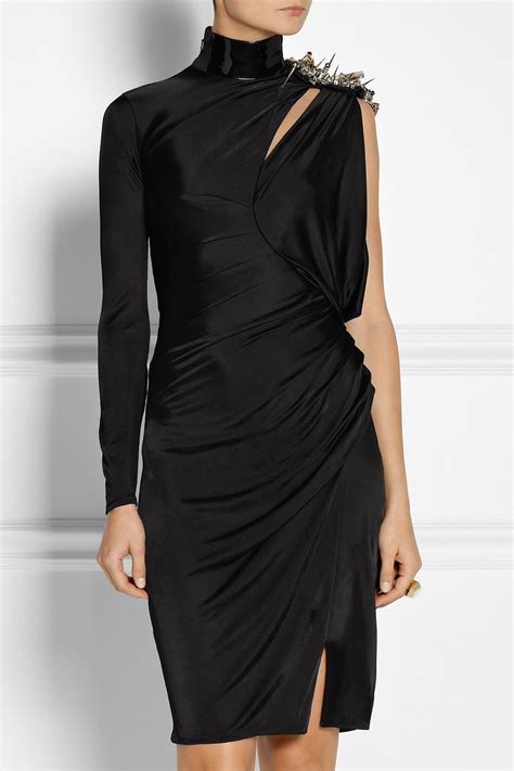 versace shiny one shoulder jersey top with pins|Versace clothing for women.